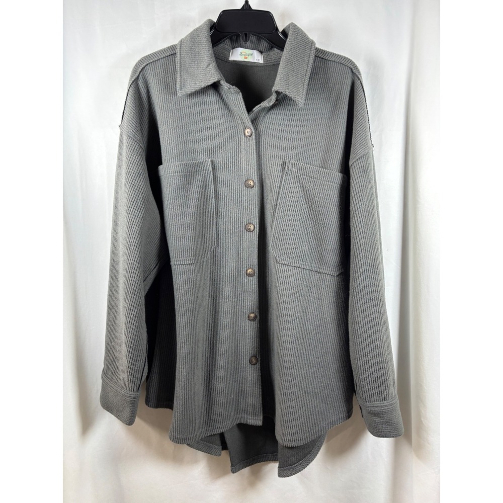 31:25 Boutique Gray Ribbed Knit Button Down Shacket Jacket PCR2165 Womens 1XL